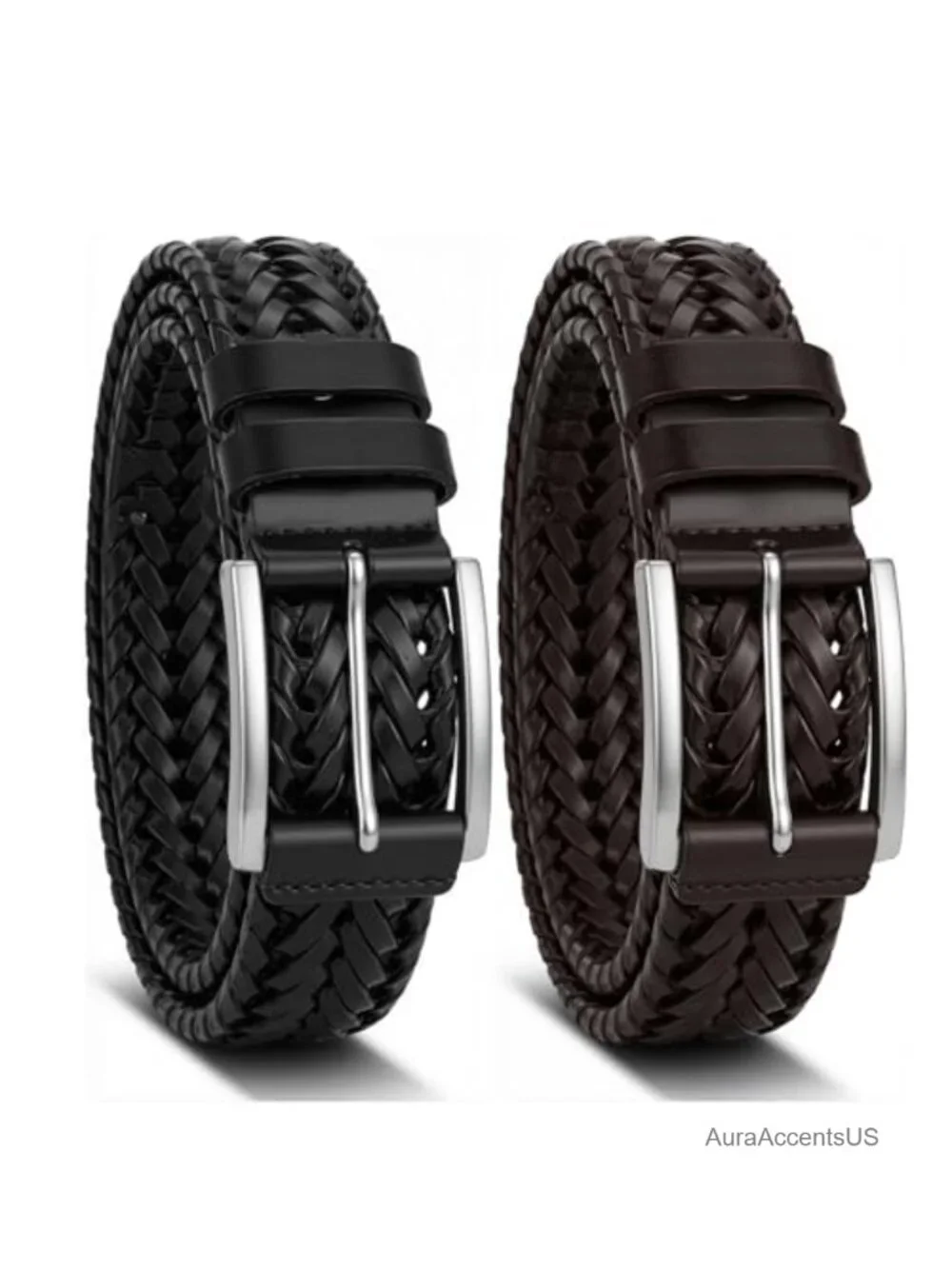 2 Pack Leather Braided Belts for Men Adjustable PU Leather Woven Belts